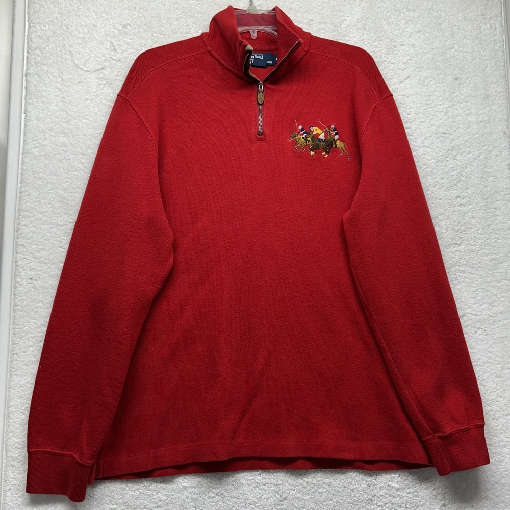 Polo Ralph Lauren Mens Size L Red Long Sleeve 1/4 Zip 3 Polo Pony Sweatshirt